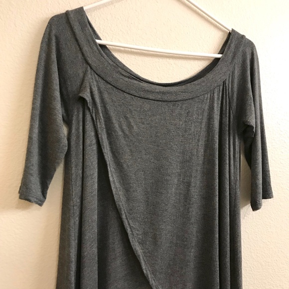 Annabelle Jersey Off The Shoulder Tulip Split Front Tunic In Charcoal Heather - Picture 4 of 9
